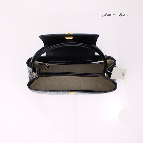 Tory Burch Britten Croc Embossed Small Satchel Crossbody In Black - Picture 10 of 12